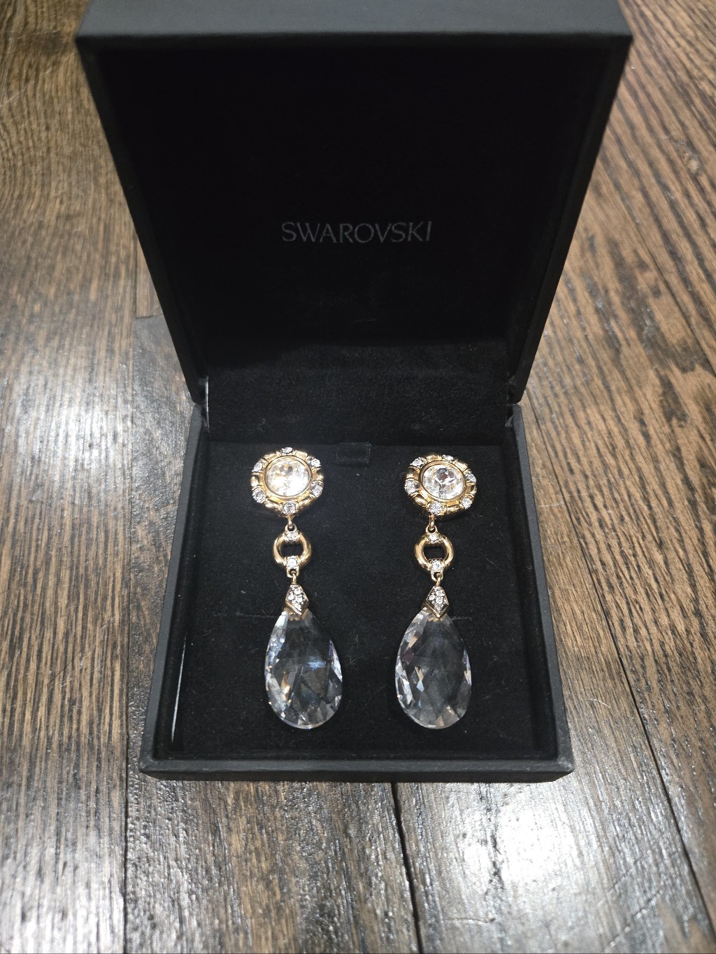 Swarovski Crystal Drop Earrings Clip On Gold Tone Clear Signed Swan